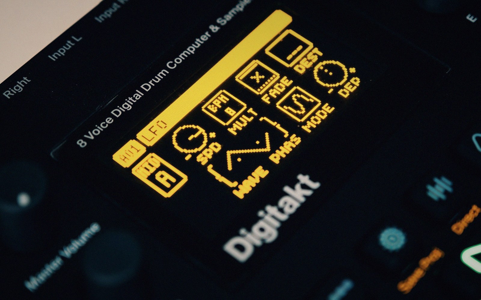 Close-up of a Digitakt drum computer screen showing LFO parameter icons in yellow